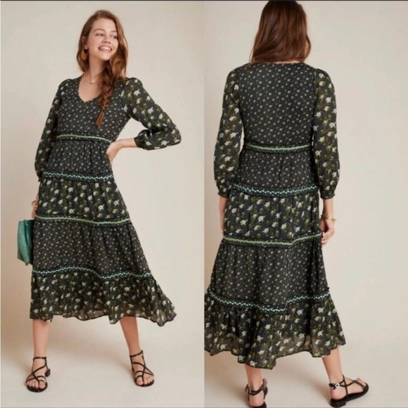 Anthropologie Dresses & Skirts - Anthropologie Tiered Maxi Bohemian feminine Dress floral green spring Sz 4 Sm